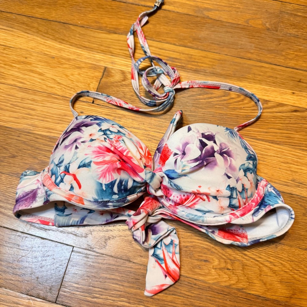 Floral Halter Bikini Top Multi-Color Tropical Print XS